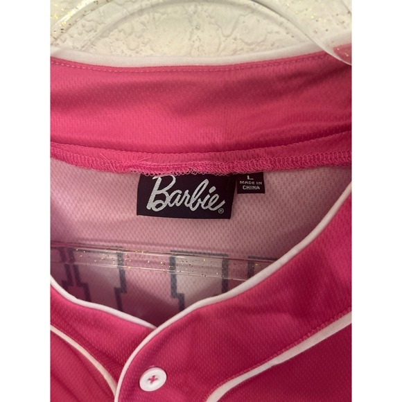 Barbie Pink Baseball Jersey Button Down Short Sleeve Graphic Top size Large - Picture 3 of 4